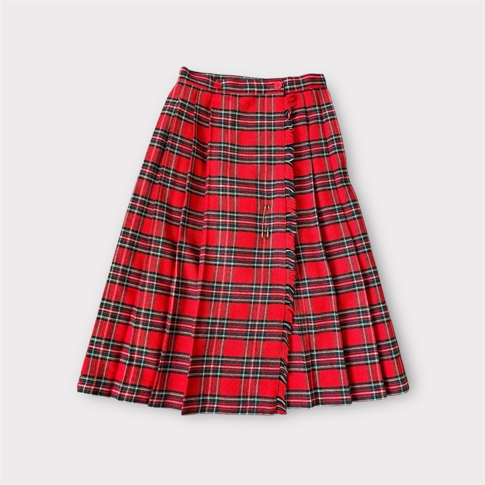 Vintage skirt, red plaid wrap midi skirt with large brass safety pin